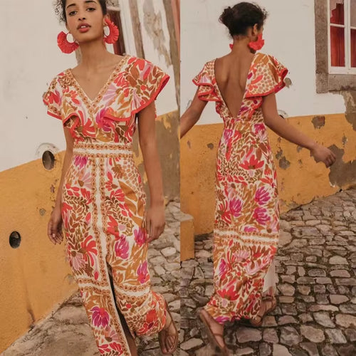 2025 Summer Backless Print Dress for Women – Sexy V Neck Long Dress with Butterfly Sleeves and Split